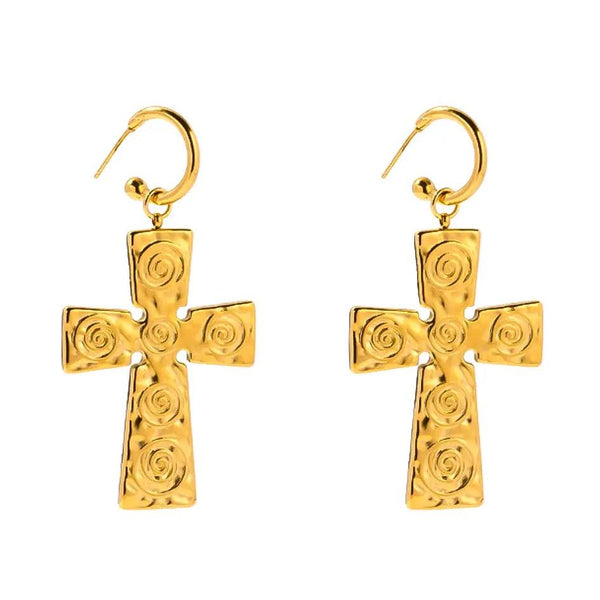 Golden Swirl Cross Earrings