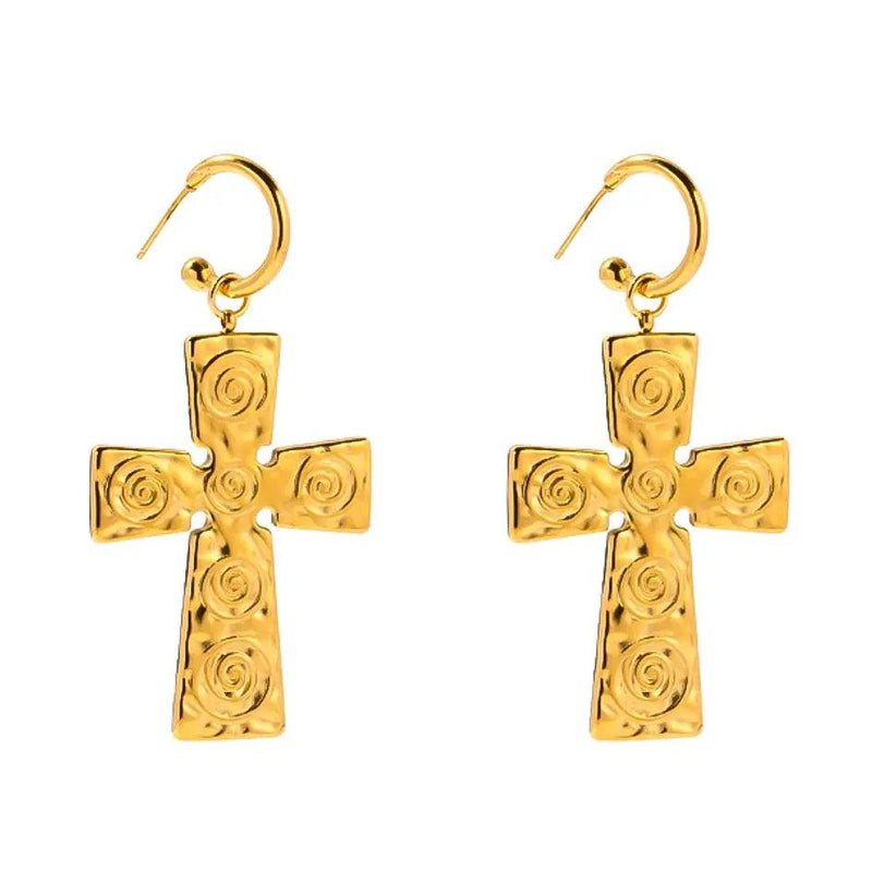 Golden Swirl Cross Earrings