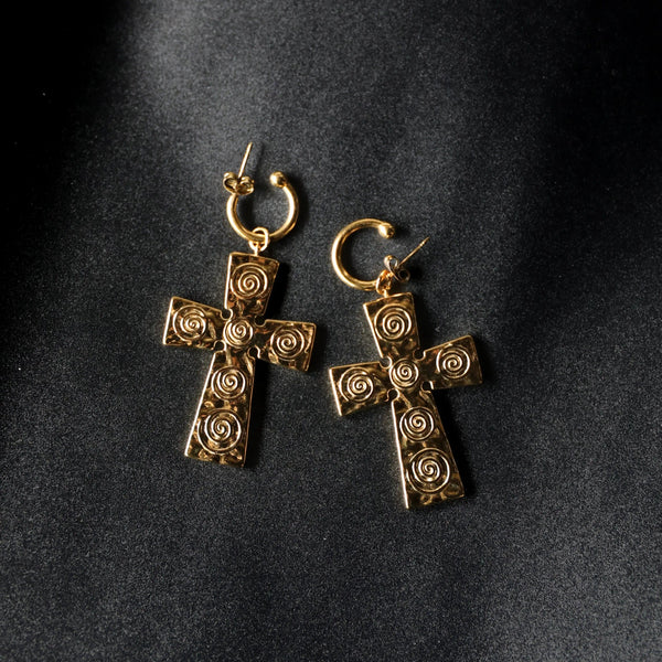 Golden Swirl Cross Earrings