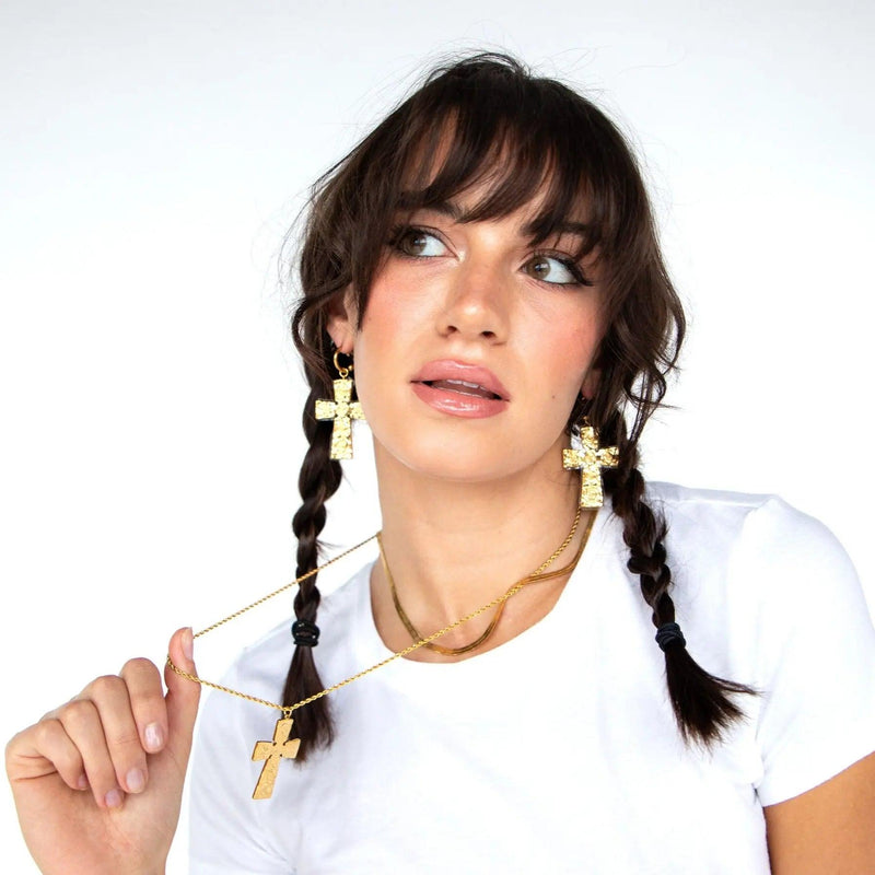 Golden Swirl Cross Earrings