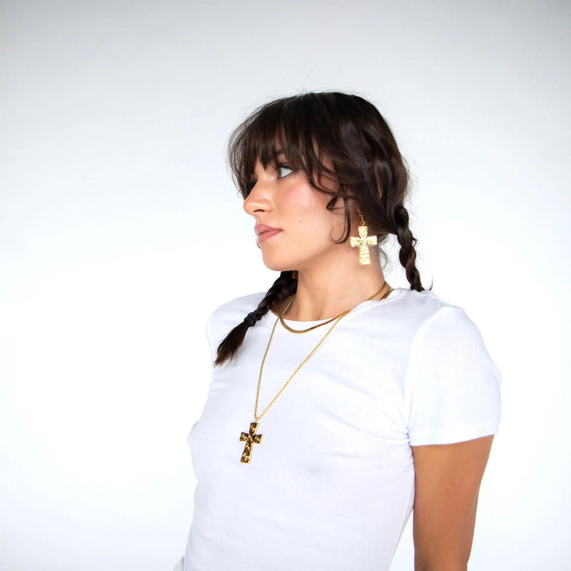 Golden Swirl Cross Earrings