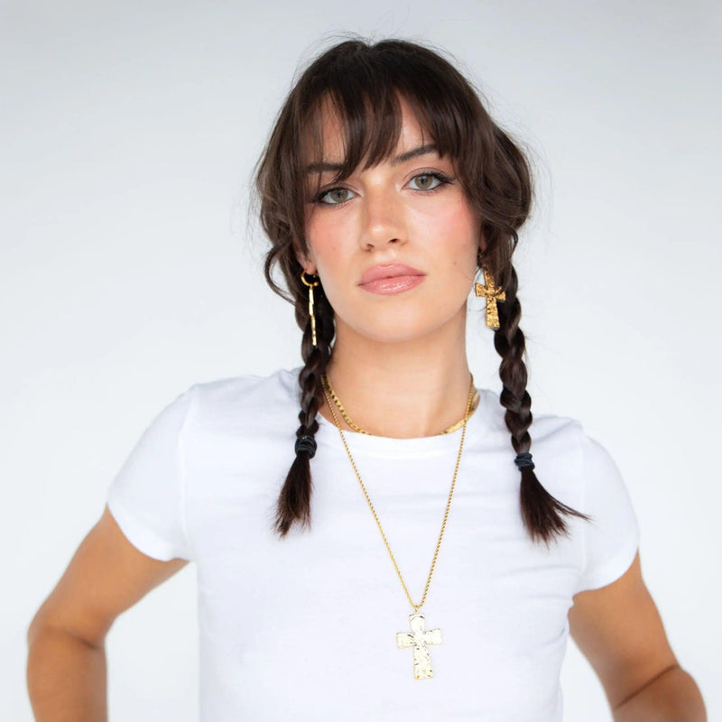 Golden Swirl Cross Earrings