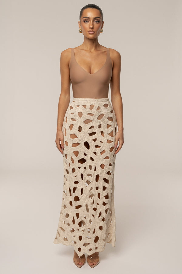 Ecru Coastal Breeze Crochet Maxi Skirt