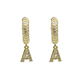 Pave Initial Charm Drop Hoop Earrings