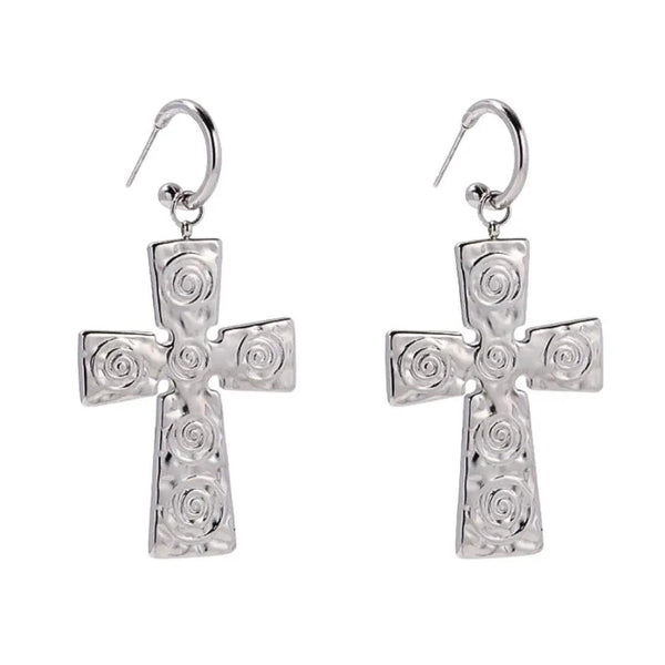 Silver Swirl Cross Earrings