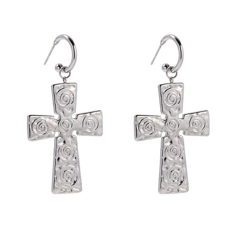 Silver Swirl Cross Earrings