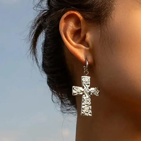 Silver Swirl Cross Earrings