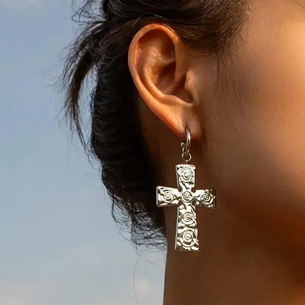 Silver Swirl Cross Earrings