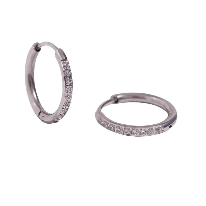 Thin Crystal Hoop Earrings - Silver